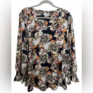 NWT Chico’s Smocked Sleeve Cotton Slub Tee Nectarine Floral Lightweight Sz 4